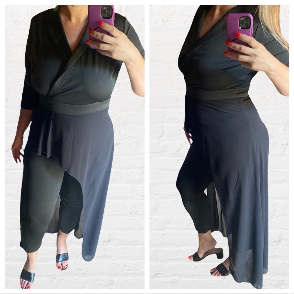 Black jumpsuit with sheer skirt overlay